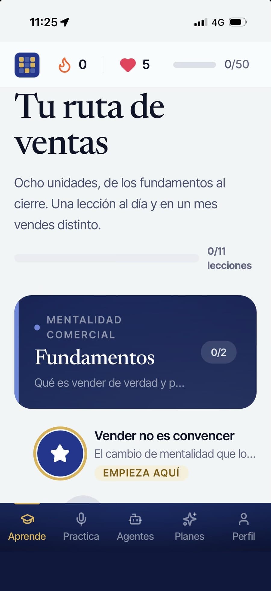 La ruta de ventas en el teléfono: la unidad Fundamentos y la primera lección, «Vender no es convencer», marcada para empezar.